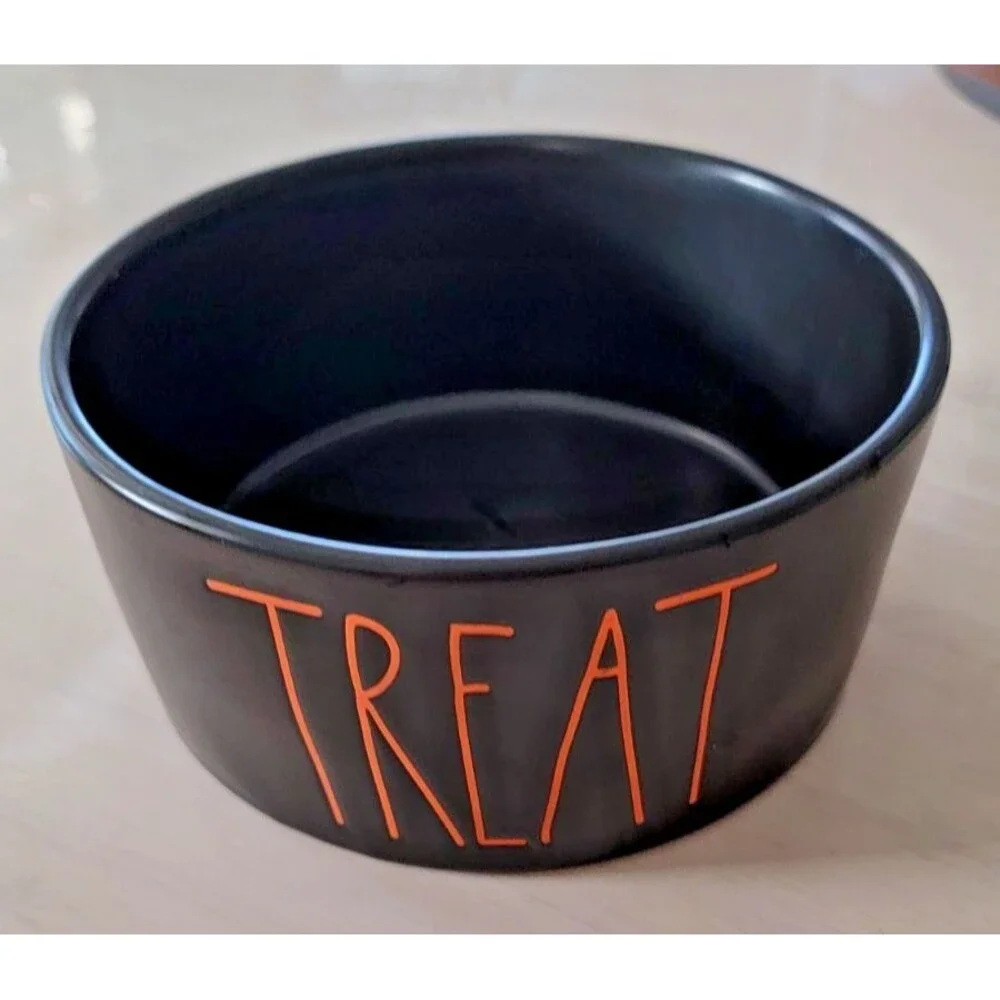 Rae Dunn TREAT Halloween Black Orange Pet Dog Food/ Water 6x3